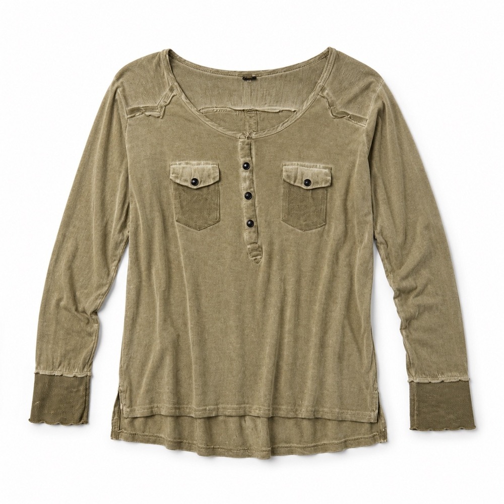 POL Mineral Wash Henley Top Womens Size‎ S Olive Green Western Boho Shirt